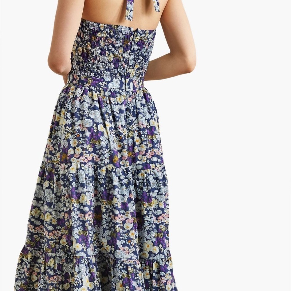 LES RÊVERIES Midi Dress Halter-Neck Floral Print Shirred Bodice 100% Cotton Sz 2 - Picture 4 of 14